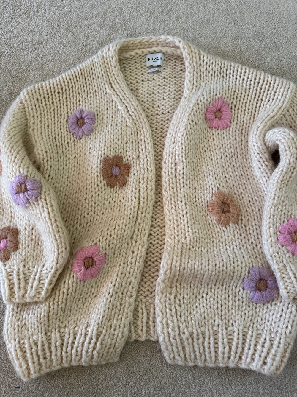 FRNCH Cream Chunky Knit Cardigan with Pink, Purple, and Tan Floral Appliqués